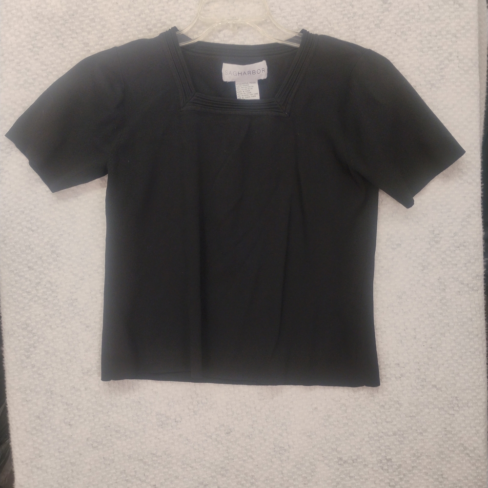 VTG Sag Harbor Women’s Large Black Square Neck Liquid Knit Career Office Top USA